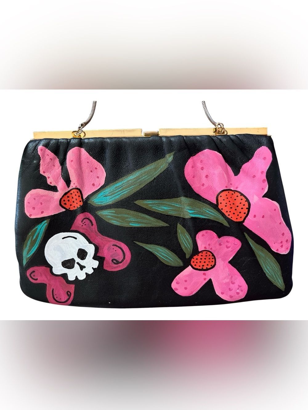 Vintage Genuine Black Leather Purse Hand Painted Floral Skull Butterfly Bag OOAK - Picture 3 of 7